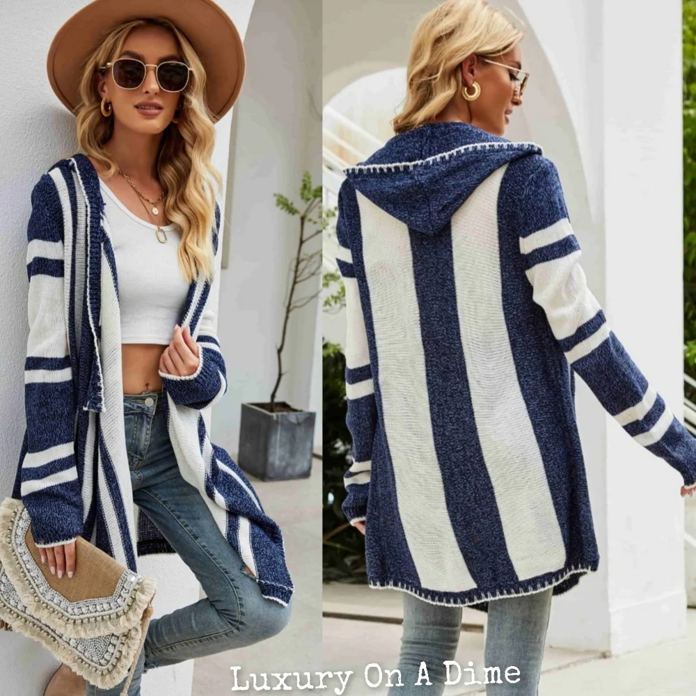 Long Hooded Oversized Knit Open Front Drape Cardigan Handkerchief Bohemian Chic - Picture 3 of 14
